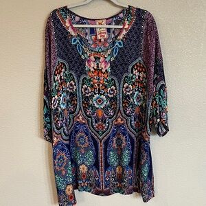 Johnny Was Silk Floral Patterned Tunic in Blue and Purple